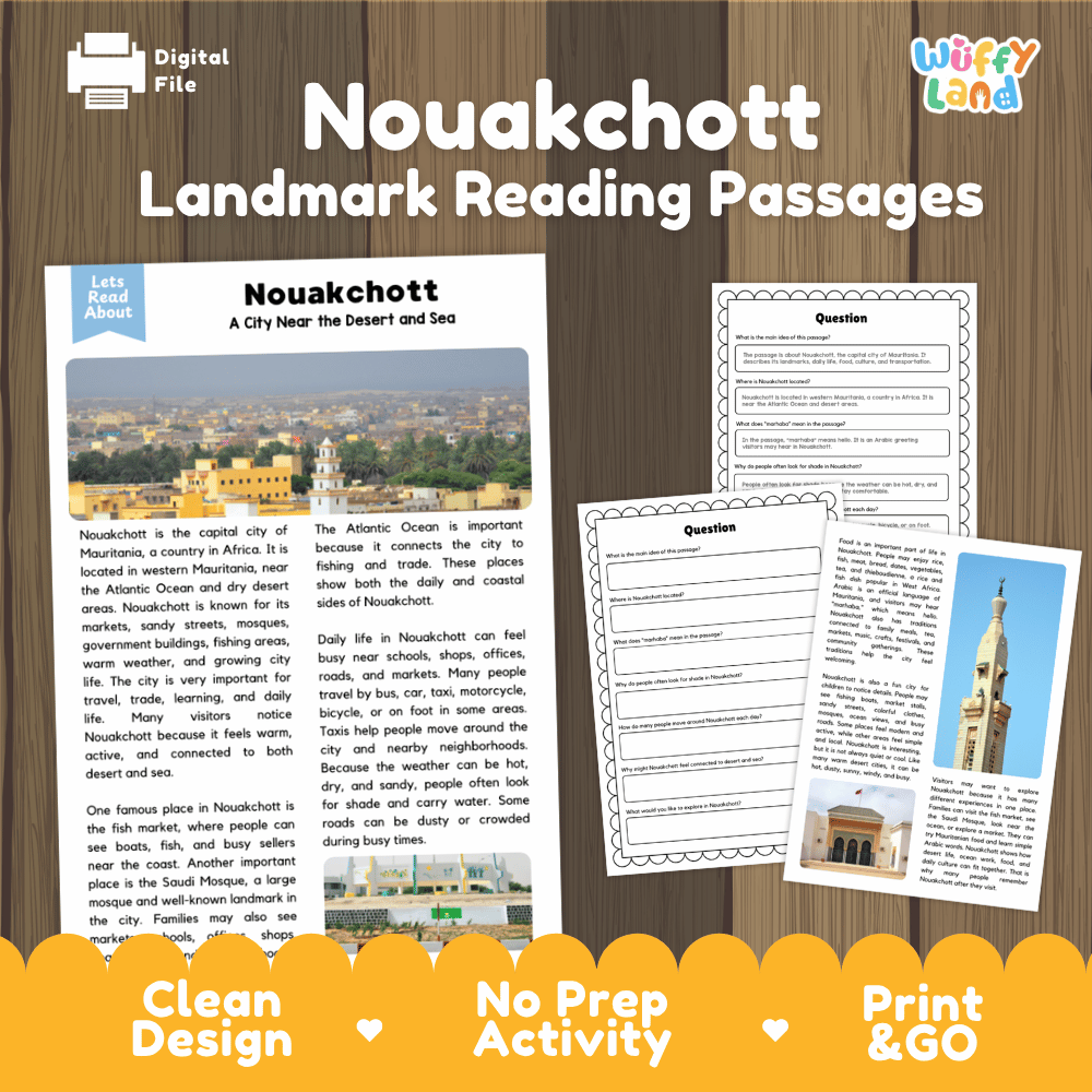 Nouakchott landmark reading passage and comprehension worksheet educational unit featuring nonfiction text and authentic Mauritanian coastal photography
