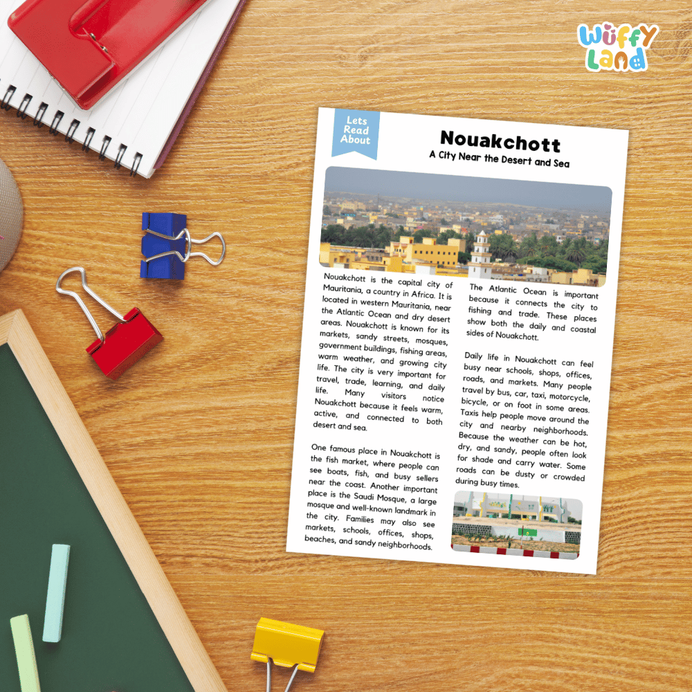 Lined reading comprehension question worksheet covering main ideas vocabulary terms and landmark facts about Nouakchott Mauritania