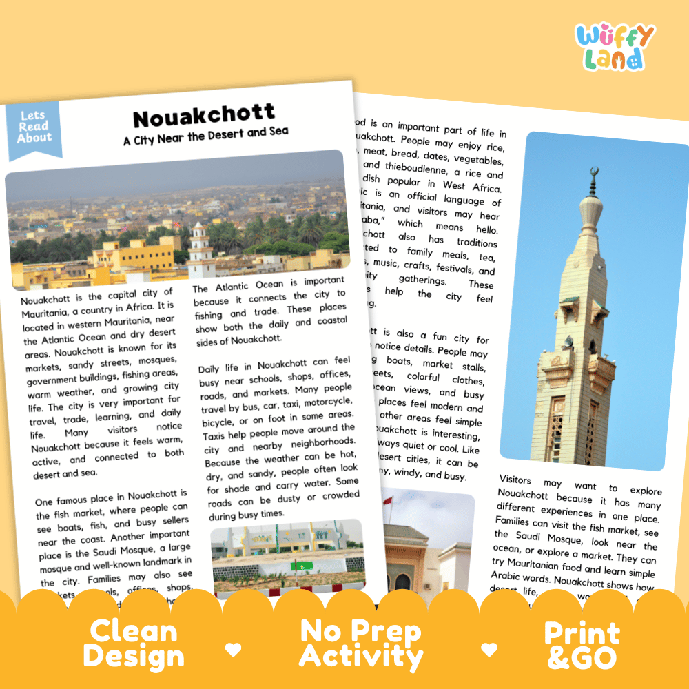 Reference sheet and answer key for Nouakchott landmark reading passage displaying completed comprehension answers and West African geography facts