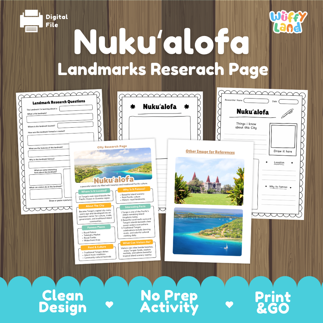 Digital preview of a Nuku'alofa landmarks research page activity sheet set by Wiffy Land, displayed on a wood-grain background with feature badges at the bottom.
