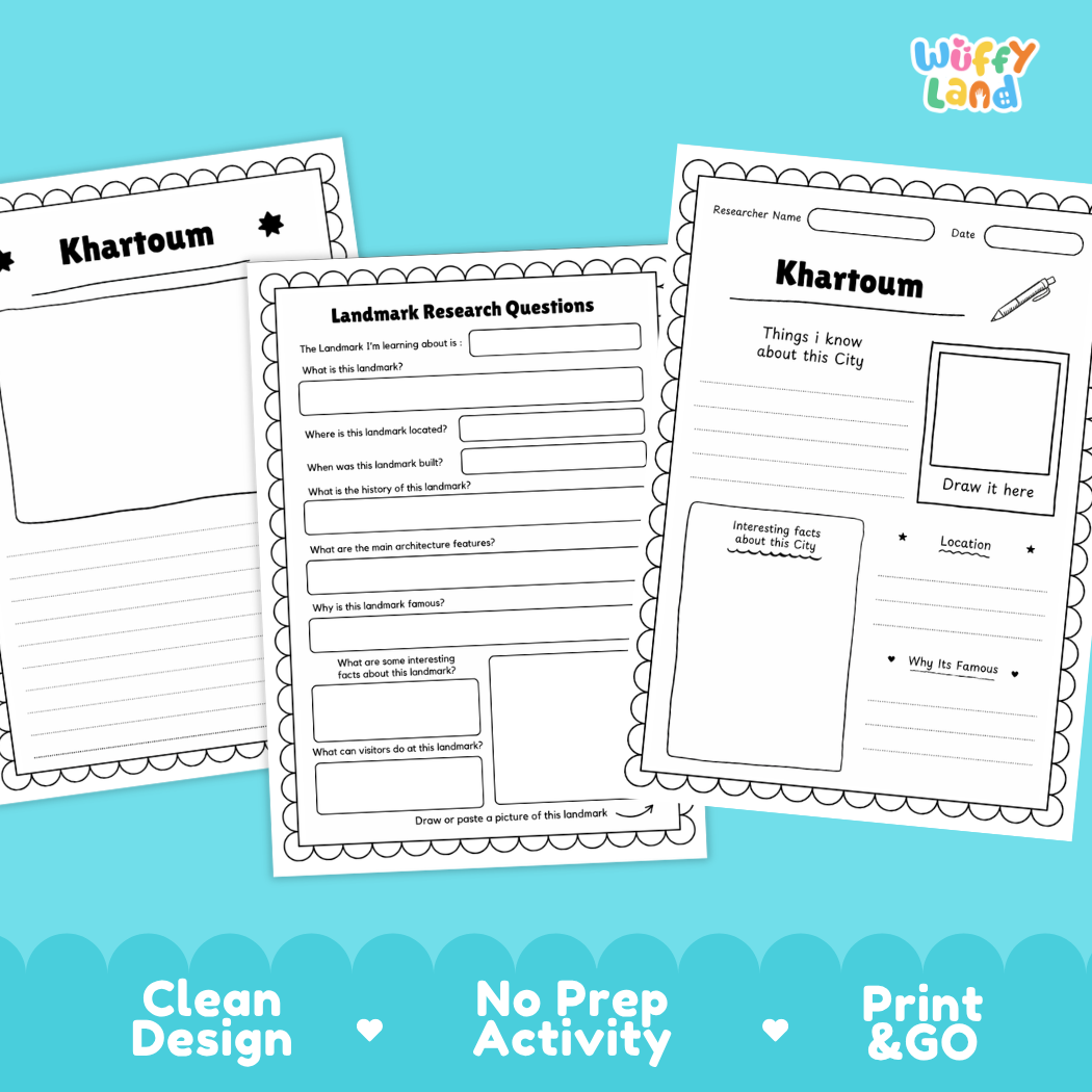 Three printable worksheet pages for learning about Khartoum, shown on a bright blue background with the brand name Wiffy Land in the top right. The pages are black-and-white activity sheets with writing areas, a drawing box, and prompt questions.