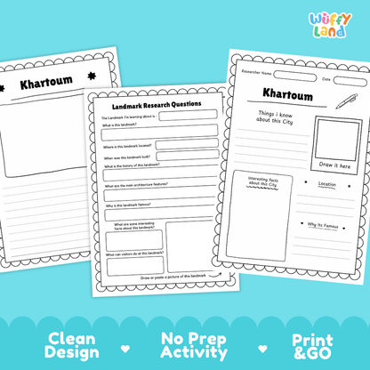 Three printable worksheet pages for learning about Khartoum, shown on a bright blue background with the brand name Wiffy Land in the top right. The pages are black-and-white activity sheets with writing areas, a drawing box, and prompt questions.
