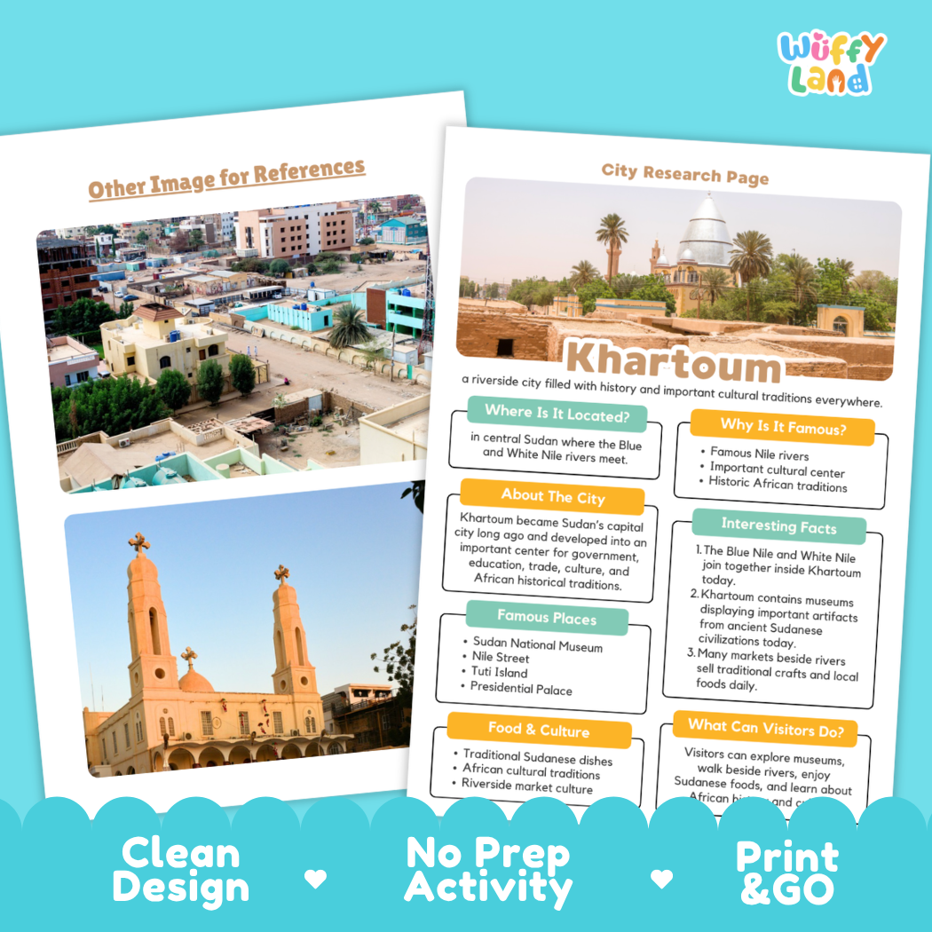 A printed educational poster or activity sheet about Khartoum, Egypt, shown alongside a city map and a church photo. The sheet includes labeled sections such as City Research Page, Khartoum, Where Is It Located, Why Is It Famous, About the City, Famous Places, Food & Culture, and What Can Visitors Do.