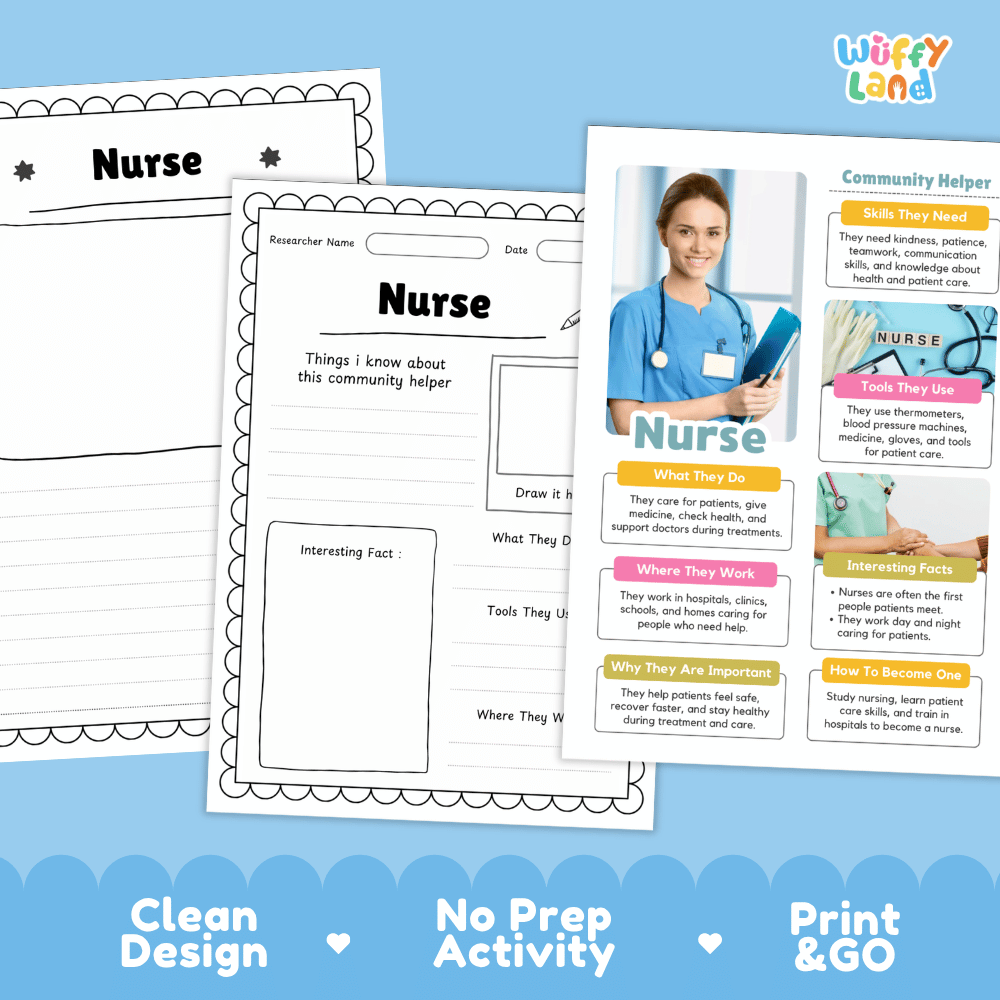 Educational worksheet set about being a 'Nurse' community helper, featuring printable activity pages and a poster on a light blue background with 'Clean Design', 'No Prep Activity', and 'Print & GO' badges.
