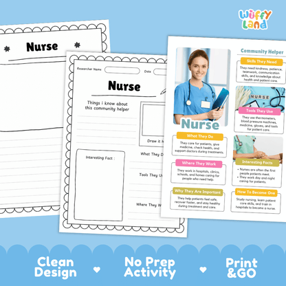 Educational worksheet set about being a 'Nurse' community helper, featuring printable activity pages and a poster on a light blue background with 'Clean Design', 'No Prep Activity', and 'Print & GO' badges.