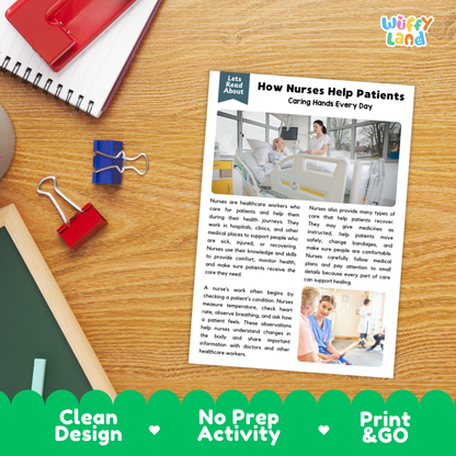 Printable student worksheet with short-answer reading comprehension questions covering nurses and healthcare