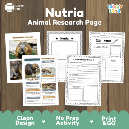 Nutria Animal Research Page Worksheets and Fact Sheet Activity