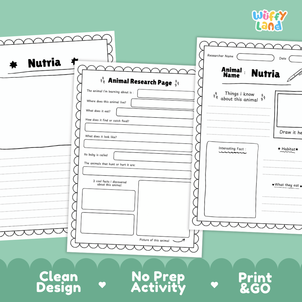 Nutria Animal Research Page Worksheets and Fact Sheet Activity