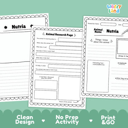 Nutria Animal Research Page Worksheets and Fact Sheet Activity