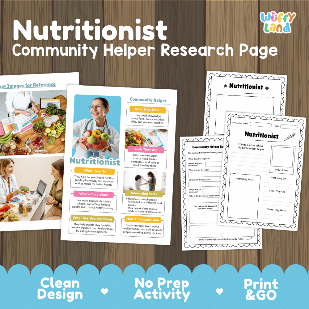 Nutritionist community helper research page writing worksheets pack featuring real photos and student activity pages for elementary social studies