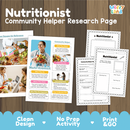 Nutritionist community helper research page writing worksheets pack featuring real photos and student activity pages for elementary social studies