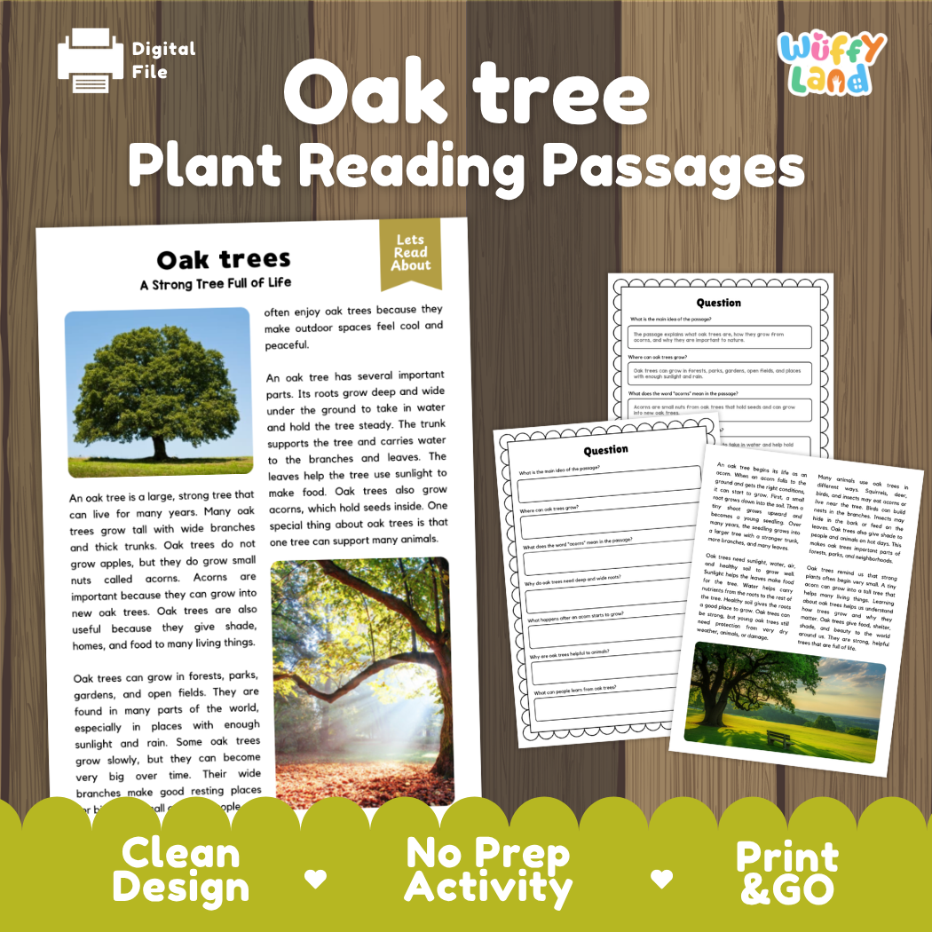 Digital reading activity sheet set about oak trees, shown on a wood-textured background with a green banner. The set includes a cover page titled 'Oak tree Plant Reading Passages' and several printable pages with text, questions, and small oak tree photos.