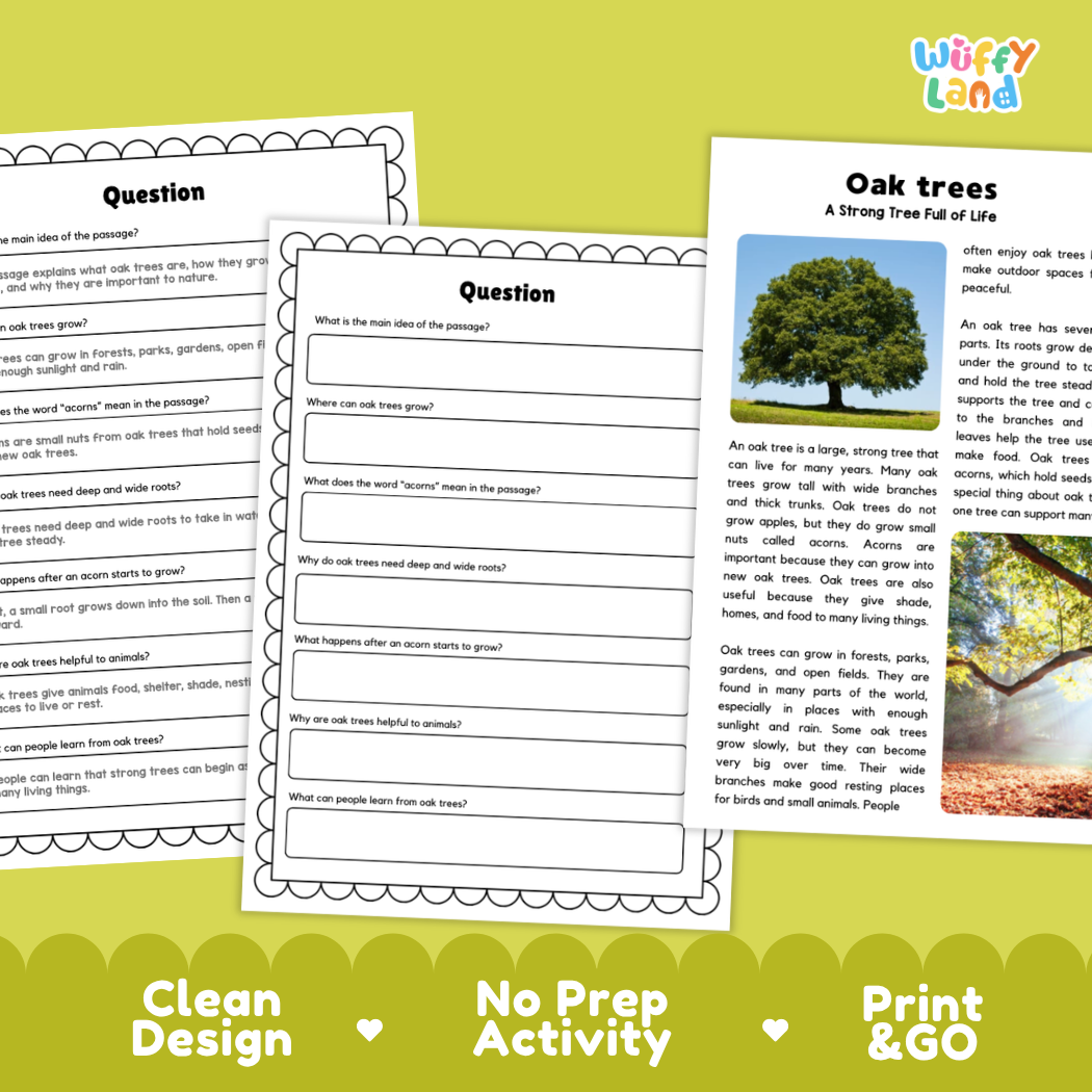 Educational printable activity sheets for reading comprehension about oak trees, shown as overlapping printed pages on a white background with a green banner at the bottom reading 'Clean Design', 'No Prep Activity', and 'Print & GO'.