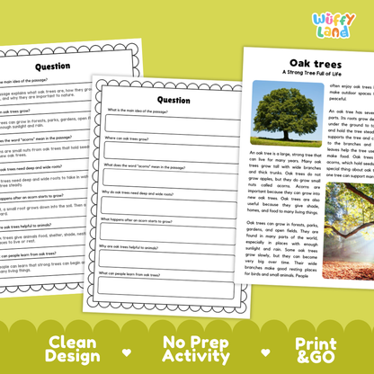 Educational printable activity sheets for reading comprehension about oak trees, shown as overlapping printed pages on a white background with a green banner at the bottom reading 'Clean Design', 'No Prep Activity', and 'Print & GO'.