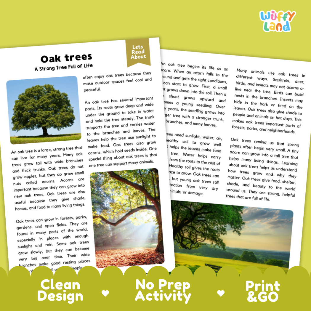 Two printed reading activity sheets about oak trees are shown on a white background with a blue 'Wuffy Land' label. The sheets feature text about oak trees and include printed callout shapes and a blue cover panel.