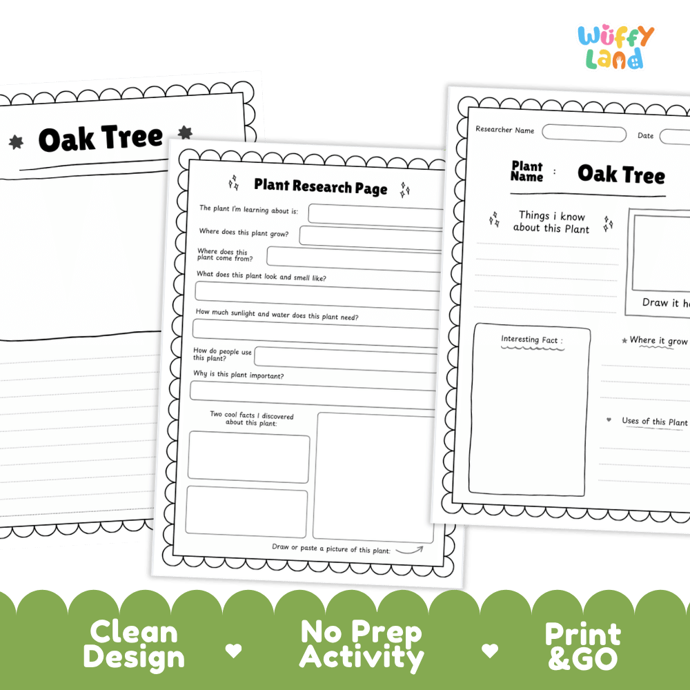 Oak Tree Plant Research Page and Worksheets Print and Go Activity