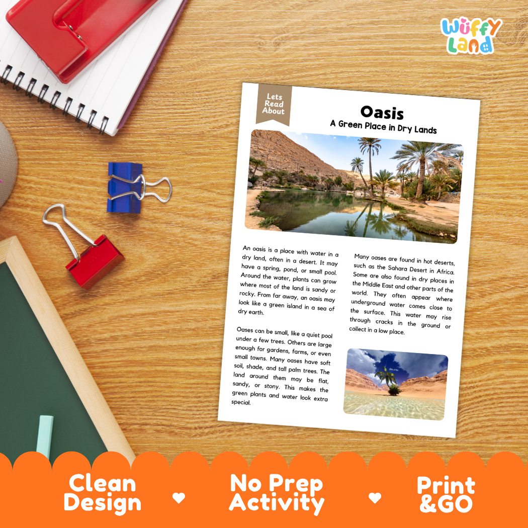 An educational printout activity sheet titled 'Oasis: A Green Place in Dry Lands' by Letts Read Alive, displayed on a wooden desk flat-lay with a red notebook, blue binder clips, and a yellow pencil. The sheet features text and two small photos of palm trees in a desert oasis.
