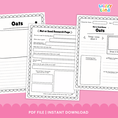 Oats Nut and Seed Research Page Worksheets and Fact Sheet