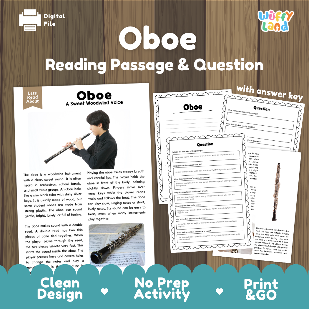 Oboe reading comprehension passage and questions printable activity pack with answer key for elementary students