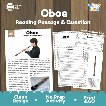 Oboe reading comprehension passage and questions printable activity pack with answer key for elementary students