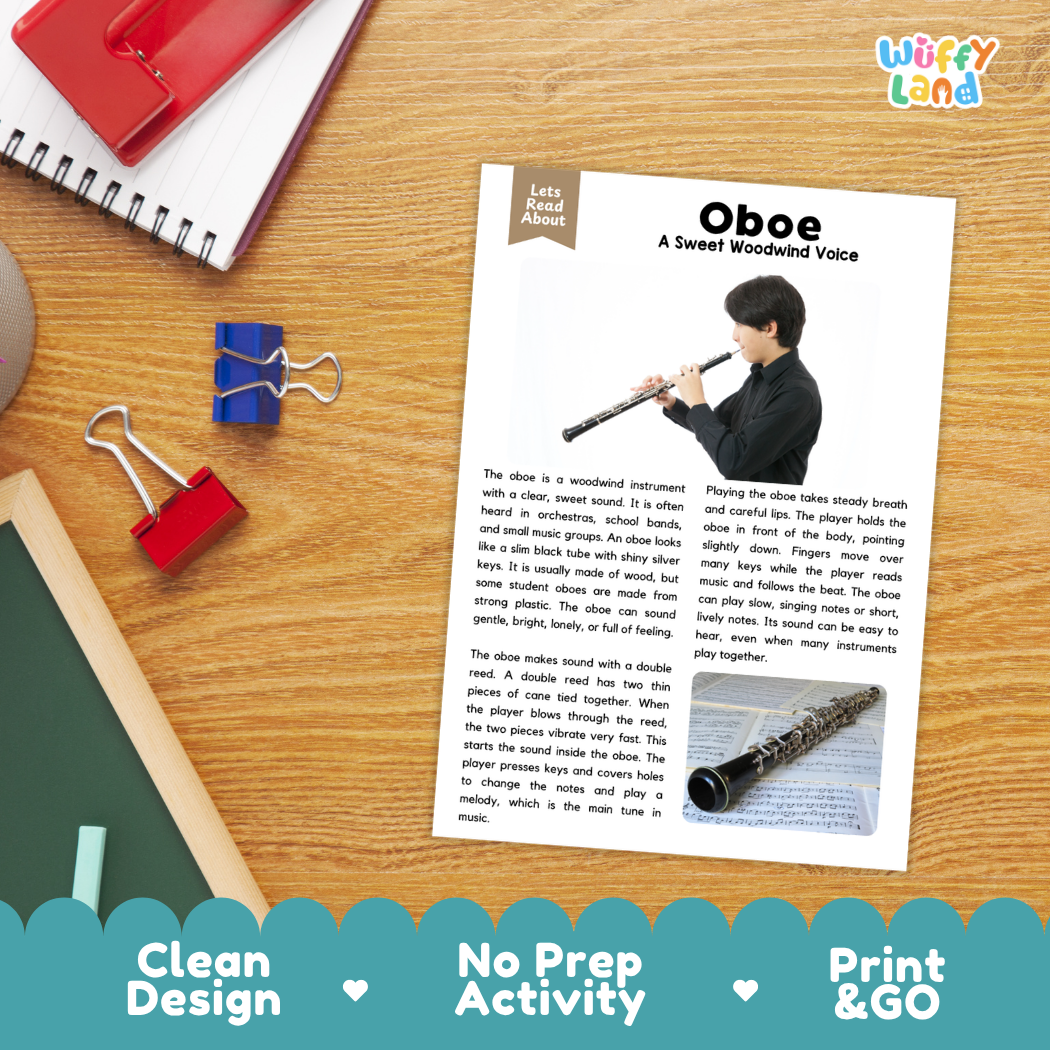 Student reading comprehension worksheet with short-answer questions and lined sections about the oboe