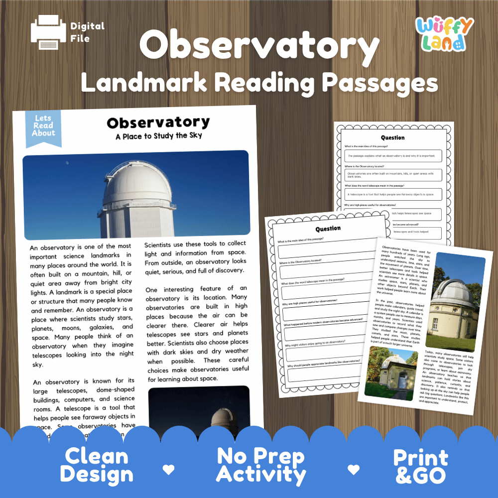 Observatory Landmark Reading Passages and Comprehension Worksheets