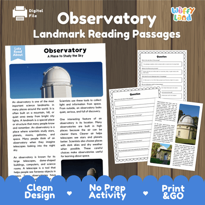 Observatory Landmark Reading Passages and Comprehension Worksheets