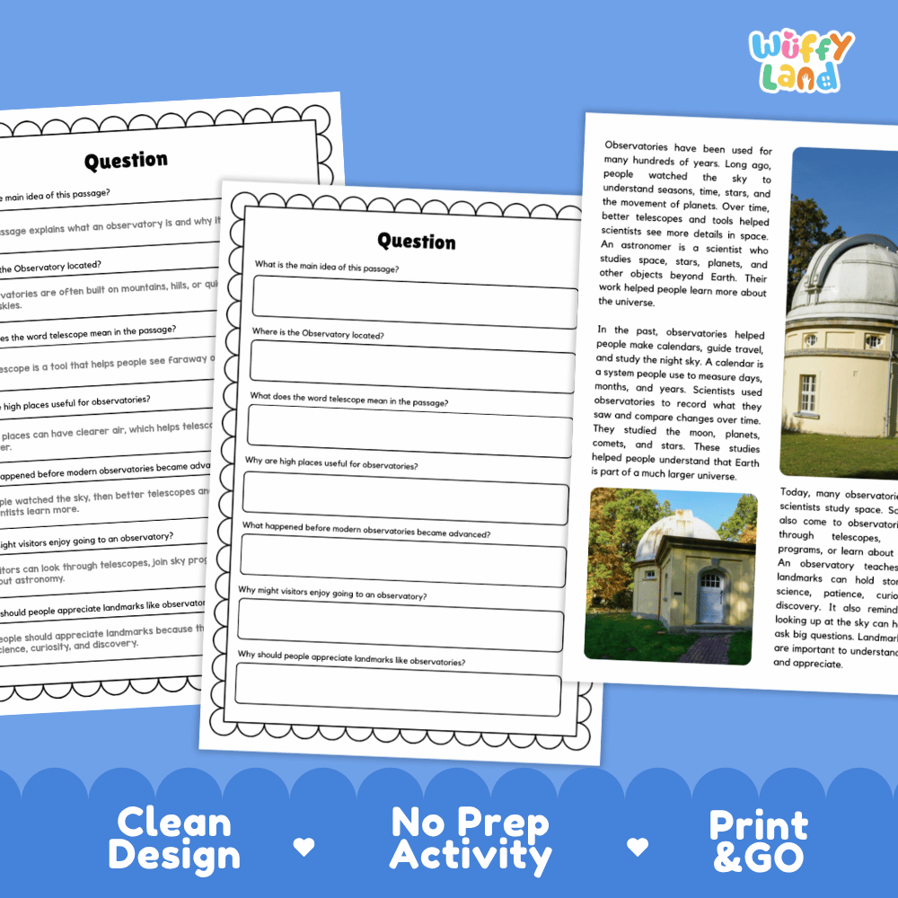 Observatory Landmark Reading Passages and Comprehension Worksheets