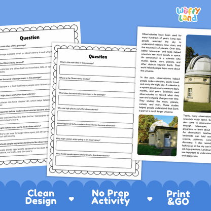 Observatory Landmark Reading Passages and Comprehension Worksheets