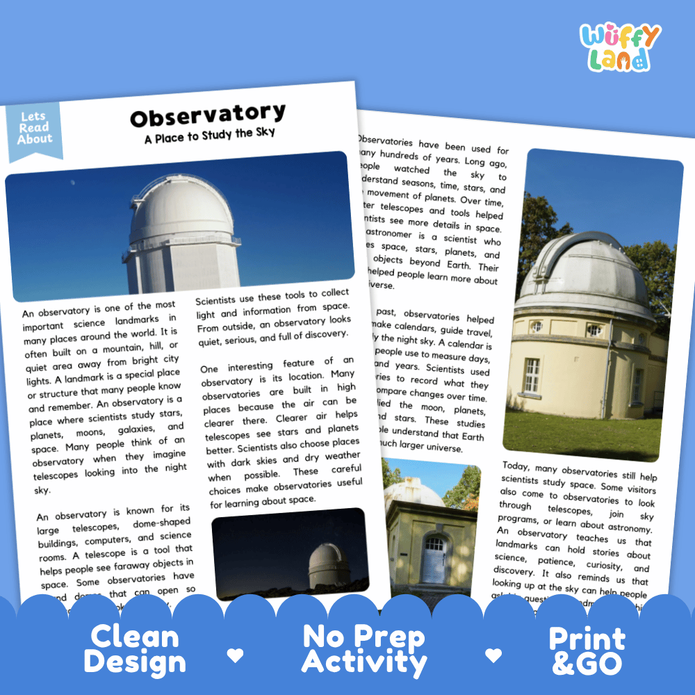 Observatory Landmark Reading Passages and Comprehension Worksheets
