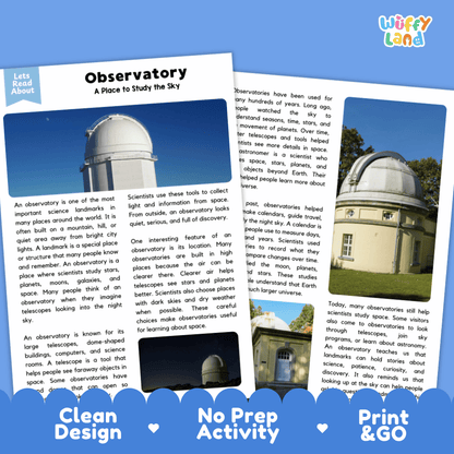 Observatory Landmark Reading Passages and Comprehension Worksheets