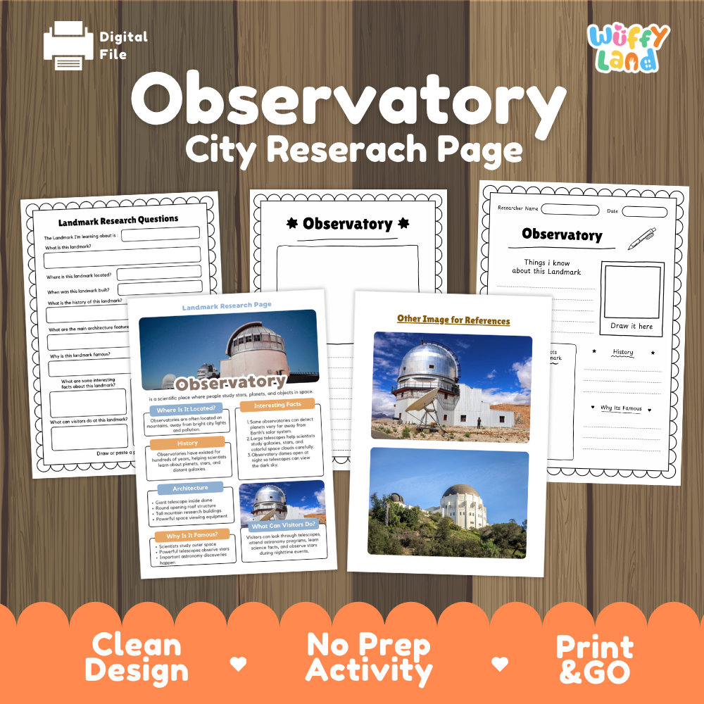 Digital preview of an observatory city research page activity sheet set by Wiffy Land, displayed on a wood-grain background with promotional text at the bottom.