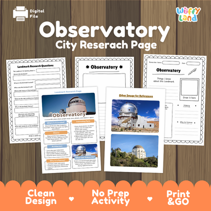 Digital preview of an observatory city research page activity sheet set by Wiffy Land, displayed on a wood-grain background with promotional text at the bottom.