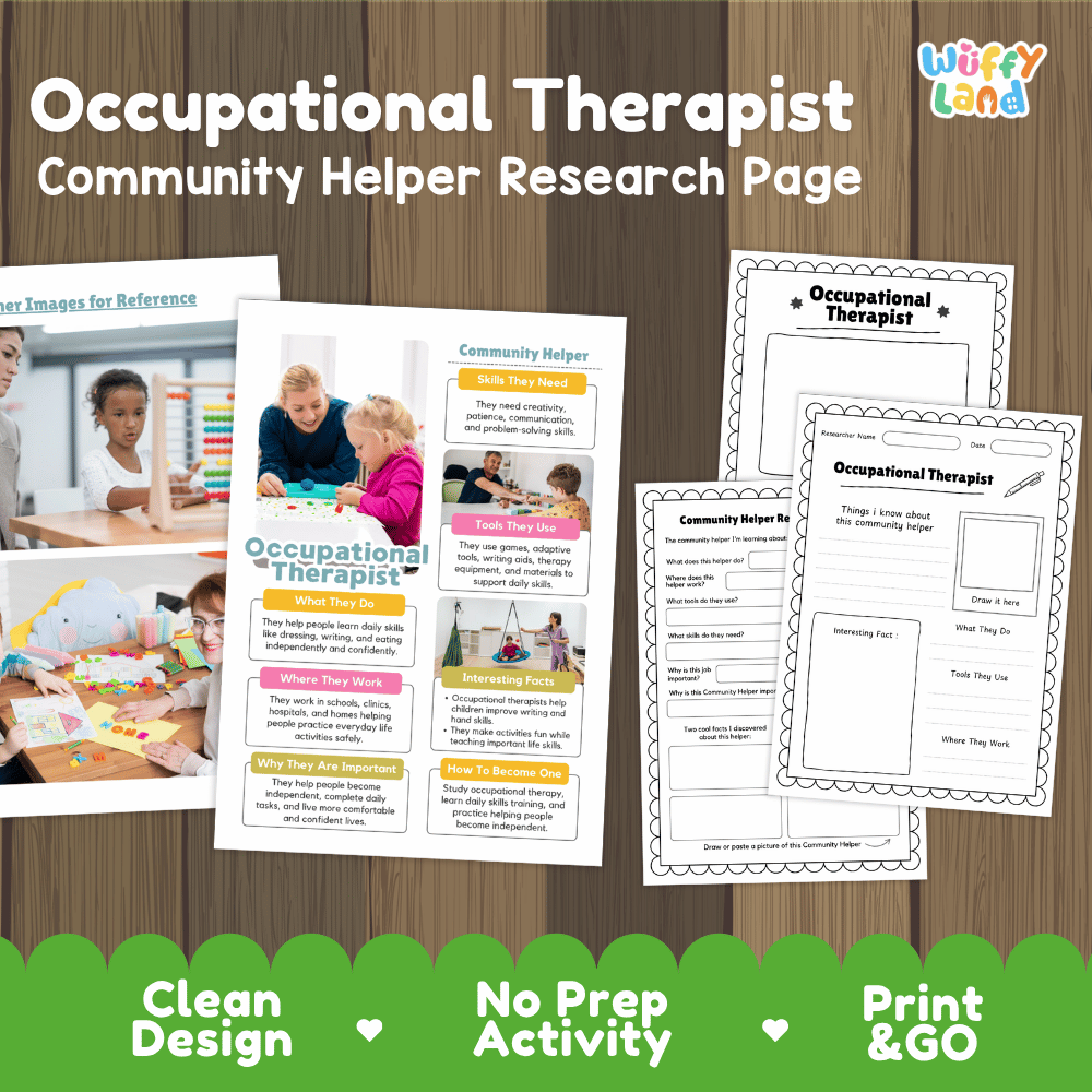 Occupational therapist community helper research page writing worksheets pack featuring real photos and student activity pages for elementary social studies