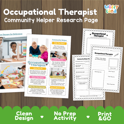 Occupational therapist community helper research page writing worksheets pack featuring real photos and student activity pages for elementary social studies