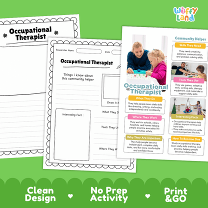Educational reference poster with real photography showing occupational therapist duties, adaptive tools, clinic workplace, and interesting facts