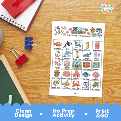 Ocean BINGO printable calling tokens showing clam with pearl treasure chest dive mask and yellow submarine