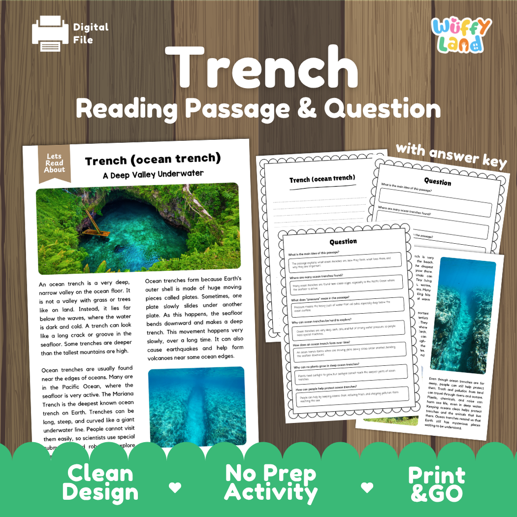 Ocean trench reading comprehension passage and questions printable activity pack with answer key for elementary students