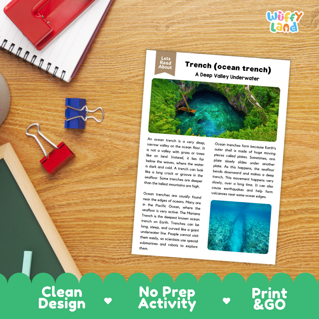 Student reading comprehension worksheet with short-answer questions and lined sections about ocean trenches