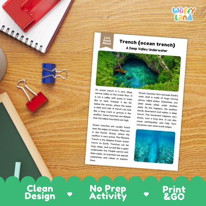 Student reading comprehension worksheet with short-answer questions and lined sections about ocean trenches