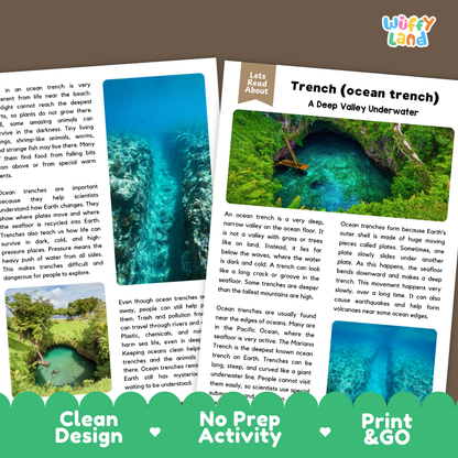Teacher answer key page showing complete question solutions for ocean trench reading comprehension practice