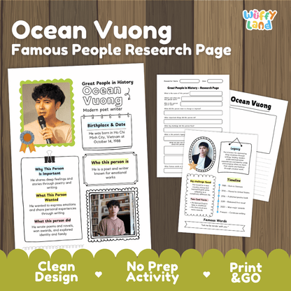 Ocean Vuong biography research worksheets pack featuring graphic organizers, timeline activity, and student writing template