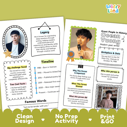 Educational biography summary worksheet featuring a chronological timeline, famous quote, and lined student writing page