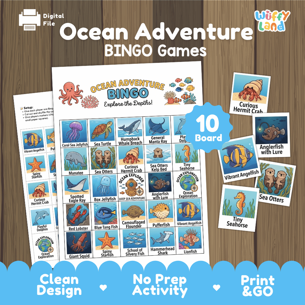 Ocean Adventure Bingo Games Printable Marine Life Activities