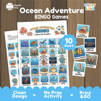 Ocean Adventure Bingo Games Printable Marine Life Activities