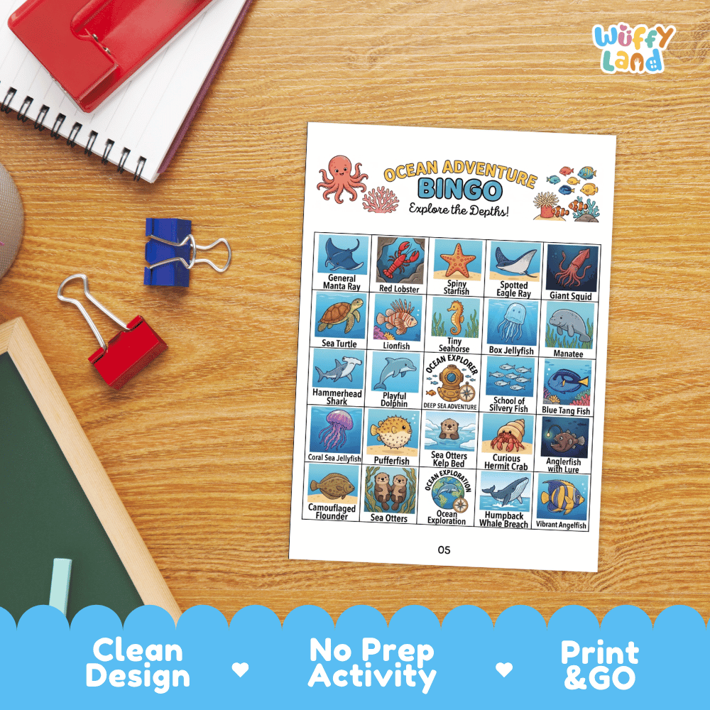 Ocean Adventure Bingo Games Printable Marine Life Activities