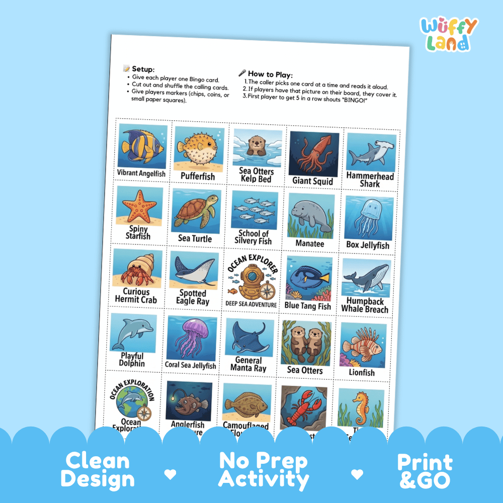 Ocean Adventure Bingo Games Printable Marine Life Activities