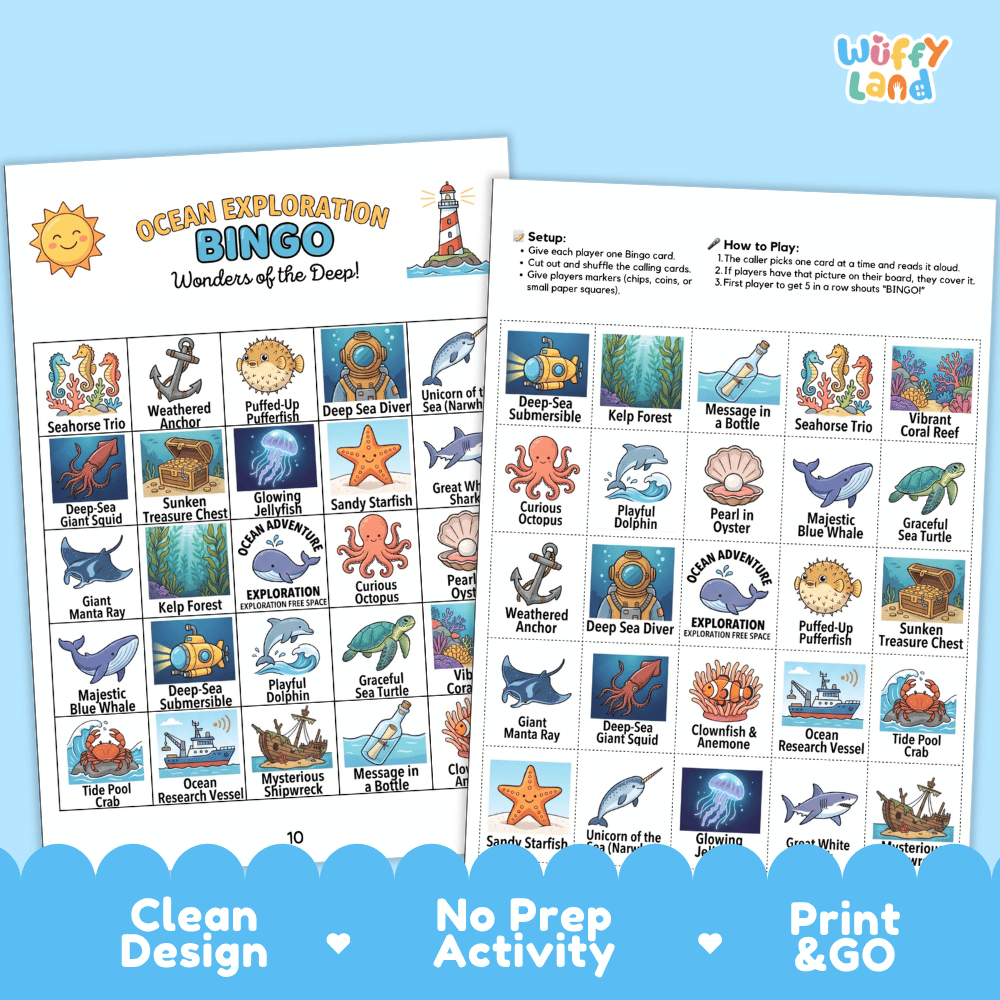 Ocean Exploration Bingo Games Printable Activity