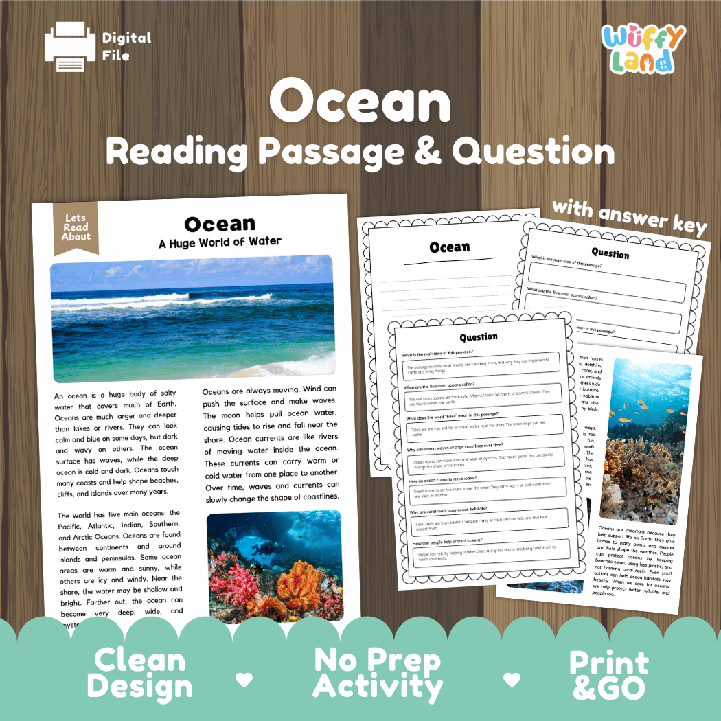 Digital reading activity bundle titled 'Ocean Reading Passage & Question' shown on a wood background. The set includes a reading passage sheet, worksheet pages with ocean-themed images, and an answer key.