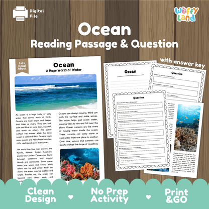 Digital reading activity bundle titled 'Ocean Reading Passage & Question' shown on a wood background. The set includes a reading passage sheet, worksheet pages with ocean-themed images, and an answer key.